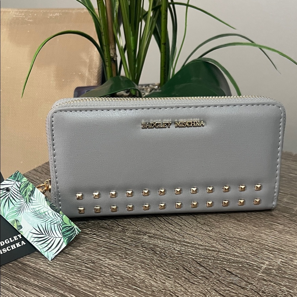 Badgley Mischka Grey Allover Purse with Gold Studs